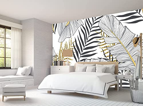 Papier Peint Panoramique Feuilles Blanc Noir Papier Peint 3D Intissé Decoration Murale Chambre Salon