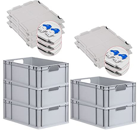 PROREGAL SuperSparSet 5x Eurobox NextGen Economy mit Scharnierdeckel & blauen Verschlüssen | Griffe offen | HxBxT 22x40x60cm | 44 Liter | Eurobehälter Transportbox Transportbehälter Stapelbehälter
