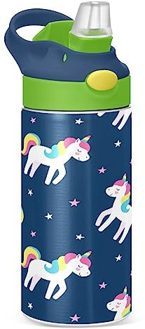 KAAVIYO Lindo Unicornio Arcoiris Botella de Agua Térmica de Acero Inoxidable Termo A Prueba de Fugas con Paja Cepilla La Taza 350ml para Niños Niñas