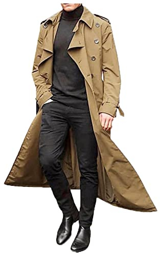 IQYU Trench Coat - Cappotto lungo da uomo, cappotto invernale a doppio petto, vintage, in tinta unita, da lavoro, in softshell, per il tempo libero, da uomo