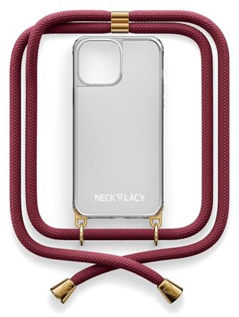 NECKLACY® - Die Premium Handykette für Apple iPhone 15 in Berry | transparente Handyhülle mit hochwertiger Abnehmbarer Kordel zum Umhängen - Smartphone Crossbody
