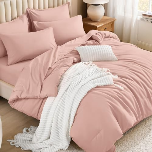 Litanika 7-teiliges einfarbiges und leichtes Bettwäsche-Set mit Bettlaken und Kissenbezügen, klassisches Design, für alle Jahreszeiten, California King Size, Rosa