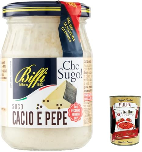 Italian Gourmet Sugo Cacio e Pepe cremig salsa Pecorino Romano DOP 6 x 190g | Würzung nach römischer Art, condimento pronto per primi piatti autentici, Gesamtnettogewicht 1,14 kg + Kostenlos Polpa 400g