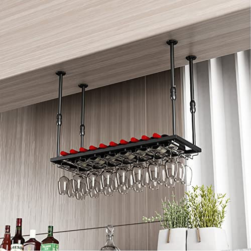 Casier à vin Porte-Bouteille de Vin au Plafond, Supports à Verres à Pied Suspendus à la Maison, étagère de Rangement à Cadre en métal Noir Suspendu, Supports à gobelets en Verre à Champagne