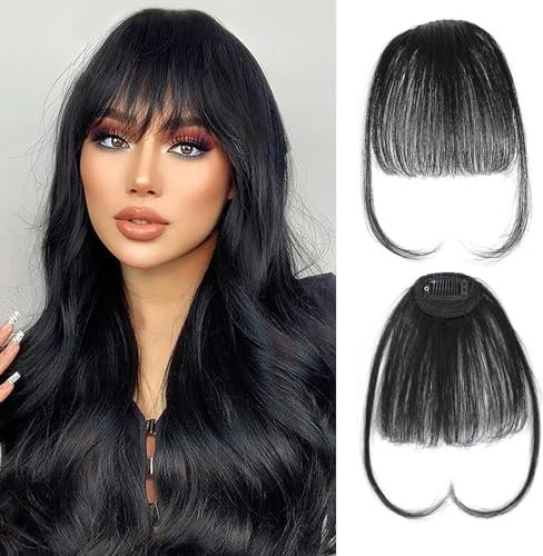RPAEOY Haarschmuck Bangs Clip Haare Haarverlängerungen Flat Bang mit Schläfen Echthaar Front Face Fringe Pony Haarteile Pony Extension für Frauen das Tägliche Tragen (Schwarz)