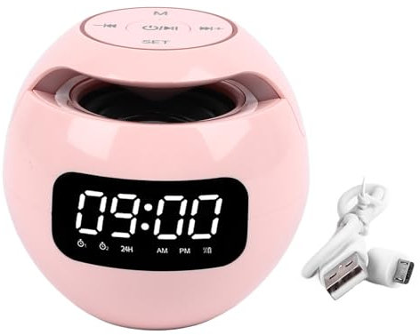 Reloj Despertador Redondo con Bluetooth, Mini Altavoz Portátil con Radio Subwoofer para Dormitorio, Oficina, Uso en Dormitorios, 1200 Mah, Rosa