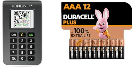 REINER SCT tanJack Photo QR I Chip chipTAN-Tan Generator für Online Banking & Duracell Plus Batterien AAA, 12 Stück, langlebige Power, AAA Batterie für Haushalt und Büro
