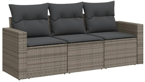 vidaXL Garten Sofa Garnitur 3-TLG., Gartenmöbel Set mit Kissen Stauraum, Sitzgruppe für Garten Terrasse, Modular Gartensofa Lounge, Grau Poly Rattan