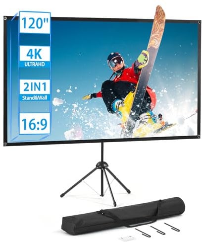 Schermo per Proiettore con Supporto, Schermi del Proiettore Portatili, 120 pollici, 16:9, Schermi di Proiezione, 4K HD, Leggero, Trasportabile, Ideale per L'home Cinema, Film in Interni e All'aperto.
