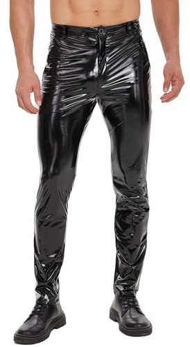 xokesy Herren Glänzende Lederhose, Sexy Hosenschritt mit Reißverschluss, Wetlook PU-Leder, gerade Lässige Lederhose für Herren für Kostüm Cosplay Nachtclub Schwarz