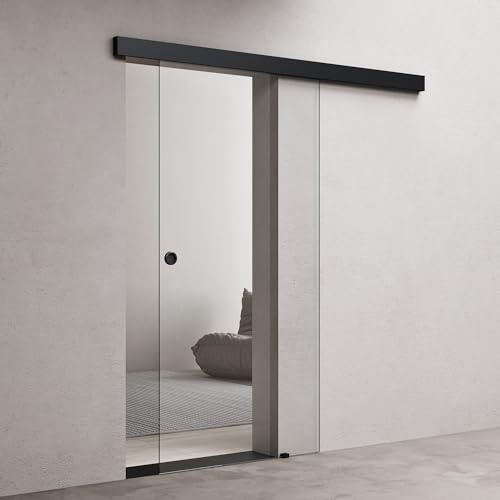 doporro Glasschiebetür Komplettset Softclose 102,5x205cm ESG Klarglas | 15mm Wandabstand | Schiebetür mit 8mm ESG-Sicherheitsglas | Zimmertür Glas mit Schwarz Muschelgriff | Amalfi-plus 19
