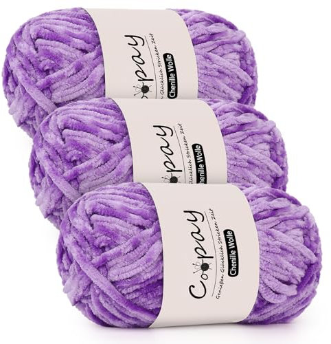 Coopay Chenille Wolle zum Häkeln, 3x100g Samtig Chenillegarn, Dicke Flauschige Weich Chenille Garn, Chenille Wolle, Weicher Plüschwolle Häkelgarn für Decken, Schals - Lila
