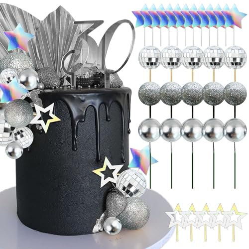 JeVenis Disco Ball Cake Topper Dancing Queen Cake Topper 80s Cake Decorations Silver Cake Balls Silver Cake Decorations Disco Ball Cake Toppers
