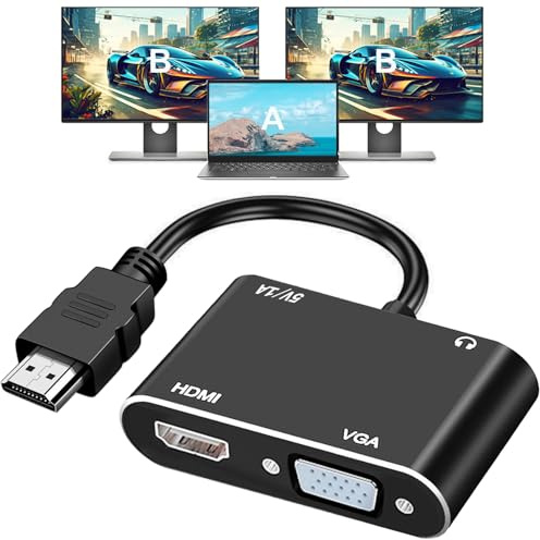 AKWOR HDMI to VGA+HDMI Adapter for Dual Monitor, HDMI to VGA and HDMI Splitter 1 to 2,1080P@60HZ Full HD Display Video Converter Compaitble with Windows/Mac Os/Linux, Plug & Play