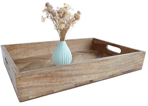 Mango Dekotablett Natur mit Griffen - 40 x 27 cm - Holz Servierbrett mit Rand rechteckig - Tischdeko Servier Kerzen Tablett Weihnachten