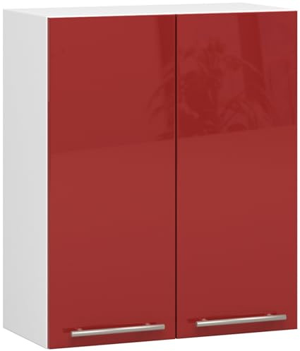 AKORD | Küchenhängeschrank - Oliwia W60 | 2 Regalböden & 2 Tür Küche Schrank | Einbauküche Küchenzeile Küchenmöbel Küchenschränke | Laminierte Platte | 60 x 30 x 72 cm | Weiß & Rot Glanz