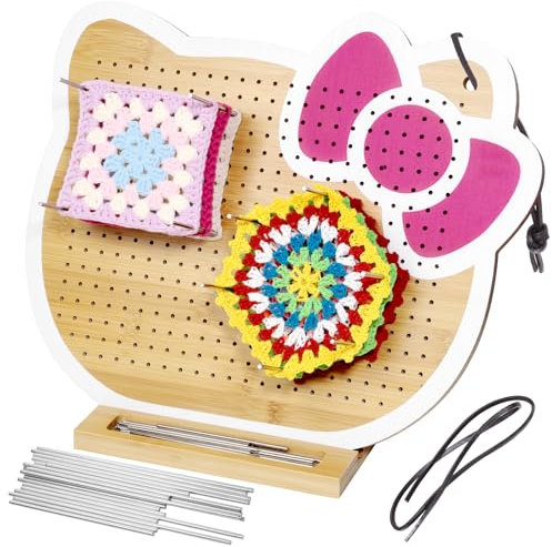 Häkel-Blockierbrett mit 30 Nadeln und Klammern, niedliche Katze, zum Häkeln und Stricken, große quadratische Blockierbretter aus Bambus, 38 x 31,6 cm