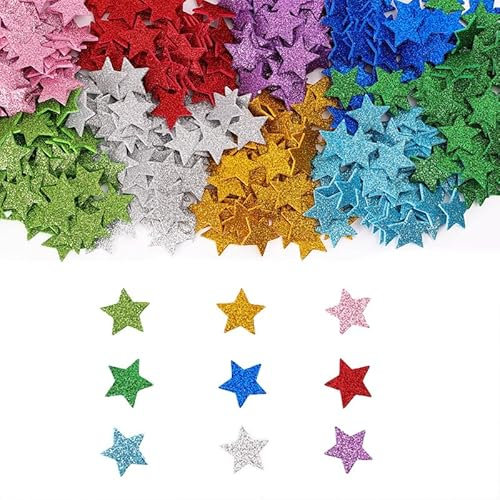 Strehknewen 270 Stück Glitzer Sterne Aufkleber – Selbstklebende Moosgummi Sticker, 9 Farben, Ø 3 cm, EVA Bastelsticker für Scrapbooking, Karten, Kinder DIY Deko