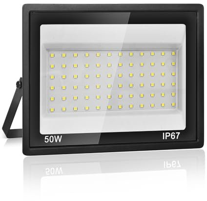 Plazique Foco LED Exterior 50W IP67 Impermeable,Iluminación de Seguridad,7000K Blanco Frío,5000LM Super Brillante,72 LEDs,Foco de Exterior para Jardín,Patio,Garaje,Entrada de Coches,Taller,Pasillo