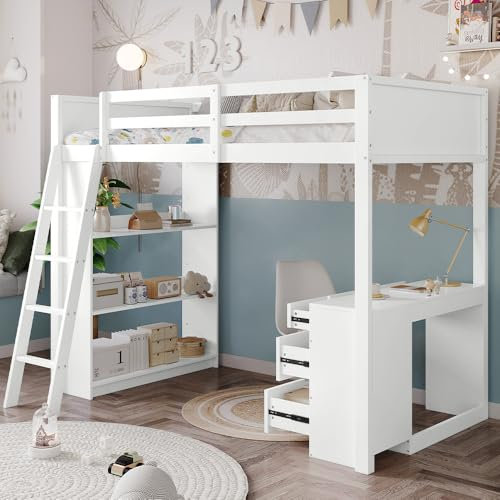 High Sleeper Bunk Bed with 3 Row Storage Organiser Shelves and Desk with 4 Drawers, 3FT Single Wooden Bunk Beds With Ladder, Kids Loft Bed Cabin Bed, Solid Pine Wood Bunk Bed Frame, White, 90x190cm