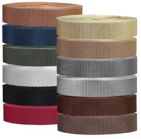Wonninek 12 Rollen Polypropylen-Gurtband, 2,5 cm, 5,5 Meter, robustes Gurtband für die Herstellung von Taschengriffen, Stoffgürteln, Bastelzubehör, Outdoor-Zubehör