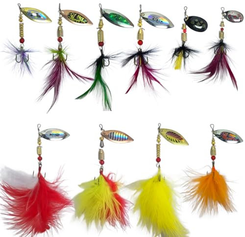 10 Pack Fishing Spinners Lures Trout Salmon Feather Pike Perch with Treble Hook Sea Feathers Pink White Red Tinsel Feathered Set Pollock Bass Carp Holographic Spoon