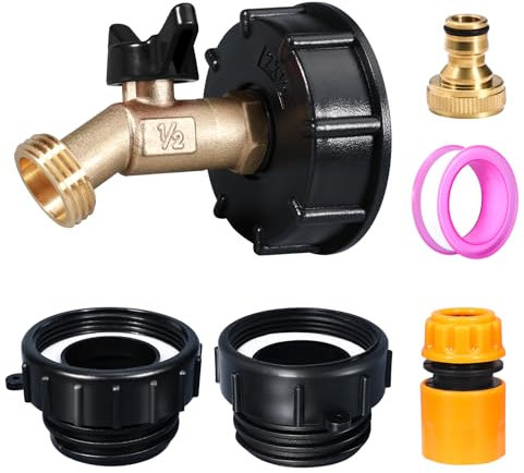 IBC Tote-Adapter, 275-330 Gallonen – 3 Größen IBC Tote Adapter, 6,2 cm fein, 5,1 cm Fein- und 5,1 cm Grobgewinde, bleifreier Messingschlauchhahn, 1,27 cm NPT männlich auf 1,9 cm männlich GHT (black)