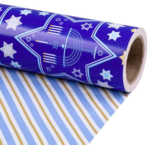 RUSPEPA Weihnachts-Wendepapierrolle, Mini-Rolle, blauer Davidstern und Menora-Design, blau-goldenes diagonales Streifenmuster, Geschenkpapier für Weihnachten, Chanukka-Geschenke, 43,2 cm x 10 m