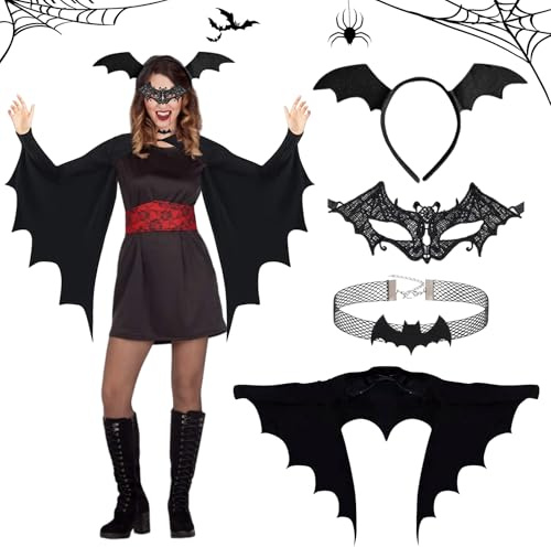 Capgoost Déguisement Chauve Souris Femme, Deguisement Halloween Femme, Cape à Ailes de Chauve-Souris, Déguisement de chauve souris Avec Bandeau, Masque, Collier Set pour Halloween Carnaval Cosplay