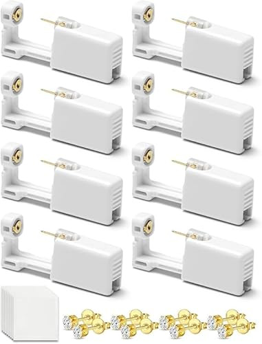 Yiorxu 8pcs Ear Piercing Gun Kit,Pain-Free Disposable Sterile Self Piercing Kit Set with 8 Medical Grade Studs Earrings Silver/Gold & Wipes for Teens,Women Men Girls Boys & Home Use