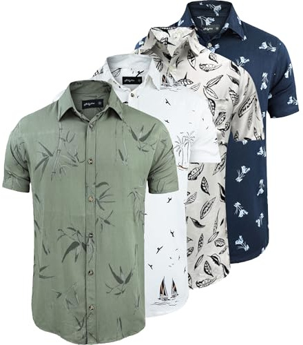 WJL WHISPERING JONES LONDON Mens 4 Pack Hawaiian Shirts Short Sleeve Designer Holiday Summer Floral Palm Tree Beach Casual Printed Top