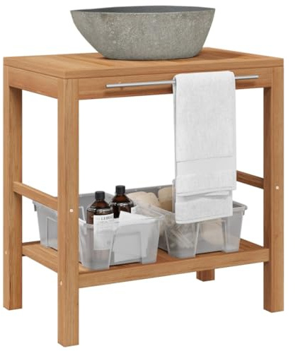 QUAHEAS Lavabo de madera maciza de teca pulida, 74 x 45 x 75 cm, con lavabo de piedra de río, mueble de baño para toallas, armario de baño estable