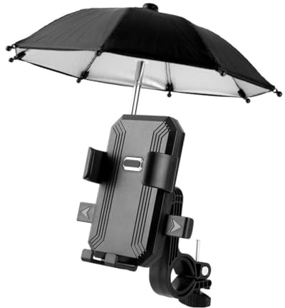 Violiica Motorrad-Handyhalterung mit Mini-Sonnenschutz, Regenschirm, 360° drehbare Lenkerhalterung mit starkem Griffarm für sicheres Fahren, für iPhone und Android-Smartphones, Schwarz
