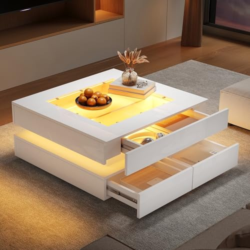 ModernLuxe High Gloss Coffee Table with 3 Drawers and LED Lights, Square Glass Top Side Table for Living Room or Office, White, 70 x 70 x 35 cm