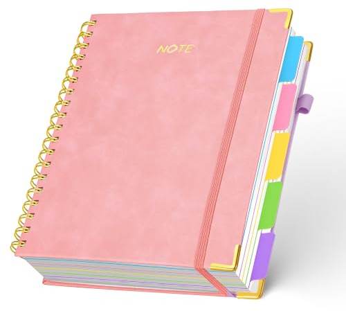 Notizblock, Notizbuch A5 liniert Notizbücher Mit 5 Fächern Und Herausnehmbaren Trennblättern 300 Seiten dickes Papier Spiral Notizbuch Zum Schreiben, Für Arbeit Und Schulbedarf, 14.8 x 21.5cm Rosa