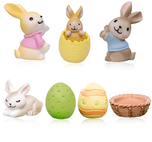 Reccisokz Set mit 7 Oster-Miniaturen für Miniaturgärten – Hasen & Osterdeko aus Resin – Zubehör für Feengarten, Bonsai & Tortendeko