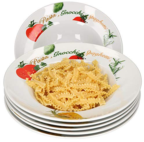 Van Well 6er Pasta-Teller-Set Milano mit Aufdruck I Ø 27 cm Porzellan-Teller I tiefe Nudelteller I Suppenteller mit breitem Rand I Design Pastateller bunt zum Servieren für Nudelgerichte