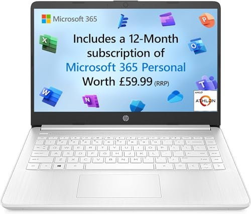 HP Stream 14 Laptop PC 14s-fq0020sa, AMD 3020e, 4GB RAM, 64GB SSD, HD, White with Microsoft 365 Personal 12 months included