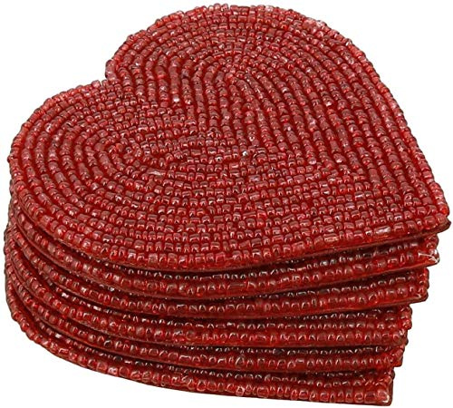 ITOS365 Handgefertigtes Herz-Untersetzer-Set mit 6 roten Untersetzern, 10,2 cm, hitzebeständige Polyester-Rückseite und echte Glasperlen