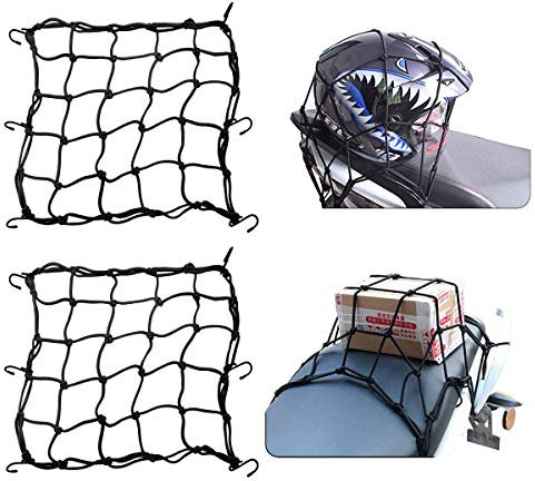 Filet à Bagages Elastique,2 Pcs Tendeurs Elastique avec Crochets, Accessoires Moto Filet Transport pour Support Casque et Porte Bagage, pour Motos et Velos, Noir 40 * 40cm