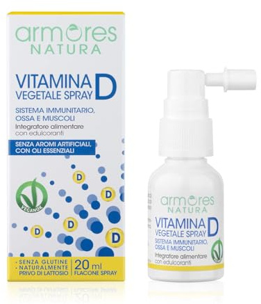 Armores Natura Integratori Alimentari, Vitamina D Vegetale Spray, Integratore a Base di Vitamina D3, Origine Vegetale, con Oli Essenziali di Arancia, Menta e Limone, Vegano, Formato 20 ml