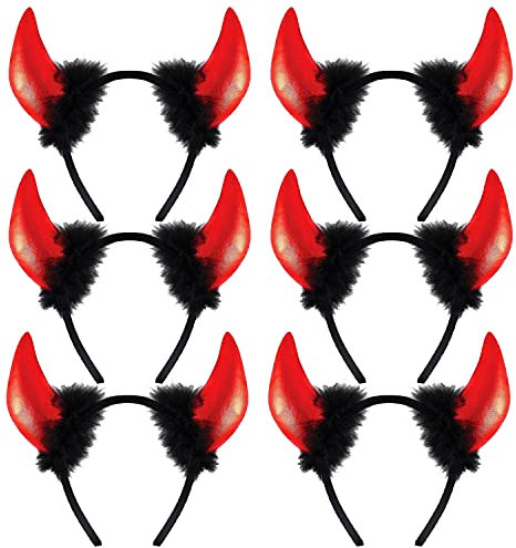AKH® Kinder Teufelshörner mit Fell-Stirnband | Einheitsgröße | Halloween Teufelshörner Stirnband Fancy Party Zubehör | Halloween Stirnbänder Head Boppers Haarband Kopfschmuck | 6 Stück