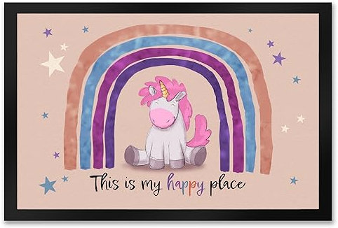 speecheese This is My Happy Place Fußmatte XXL in 50x75 cm mit niedlichem Einhorn Baby Kinder Lieblingsplatz Dekoration Unicorn Regenbogen Sterne Kinderzimmer