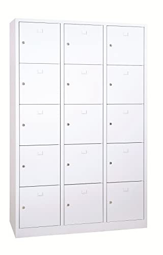 Schrank & Stuhl Schließfachschrank | Fächerschrank mit 15 Abteilen und Zylinderschlössern, 190 x 119 x 45 cm, Lieferung komplett montiert, Grau