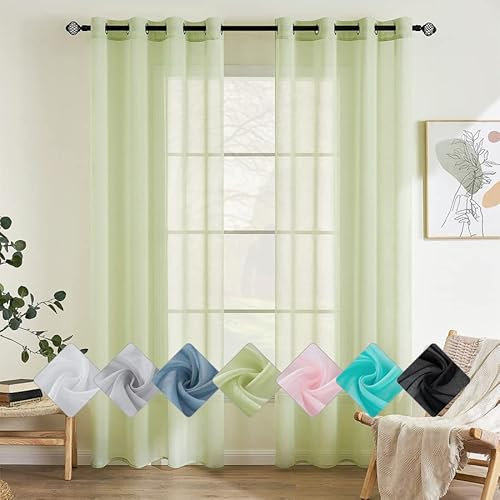 EMEMA 2er Set Sheer Voile Vorhang mit Ösen Transparente Gardine aus Voile Polyester Ösenschal Transparent Wohnzimmer Luftig Dekoschal für Schlafzimmer 140 X 215 cm (B x H) Grün