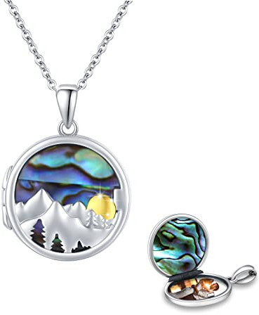 REDSUN Medaillon Halskette,925 Sterling Silber mit Sun Mountain Kette Abalone Shell Bergsteiger Pendant Photo Locket Amulet Medallion with Photo Berg Anhänger Halskette für Frauen Mädchen