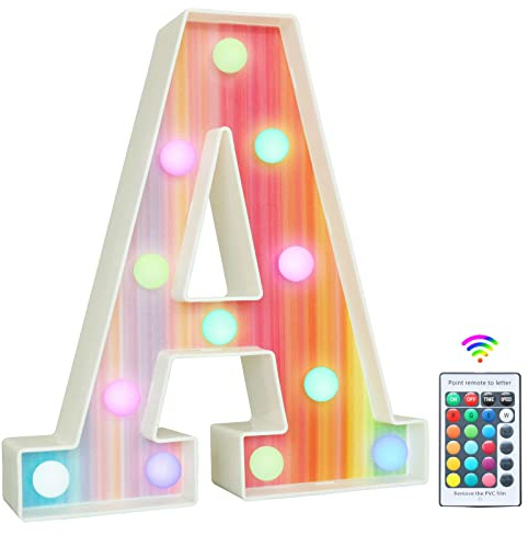 Rainbow Light Up Letters, Colorful LED Letter Lights 16 Color Changing Alphabet Sign Gifts for Girls Women Party Birthday Decorations Remote Night Light Christmas Valentine Wall Table Decor - A