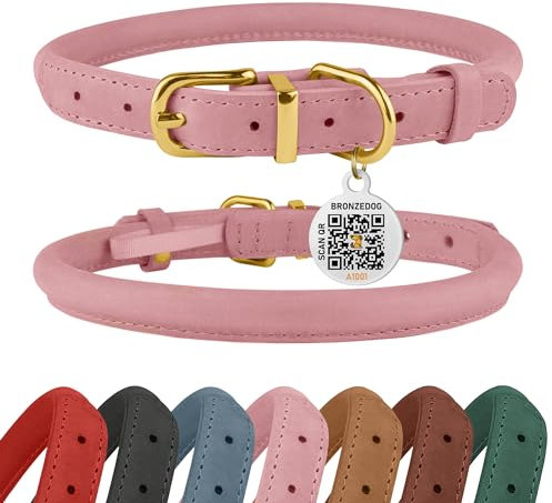 BRONZEDOG Collier en Cuir Roulé pour Chien avec Étiquette D'Identification QR Colliers Ronds Souples Ajustables pour Petits Moyens Grands Chiens Chiot Chat (Rose, 28-36 cm)