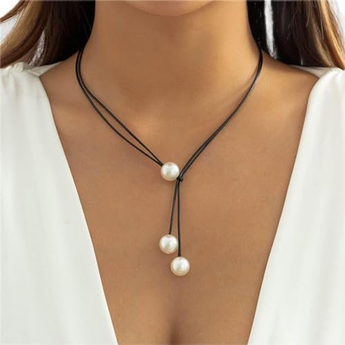 Yienate Tassel Pearl Y Necklace Black Wax Rope Necklace Chain 3 Strand Pearl Pendant Necklace Bridal Statement Y Necklace Lariat Pearl Necklace Charm Jewelry for Women and Girls