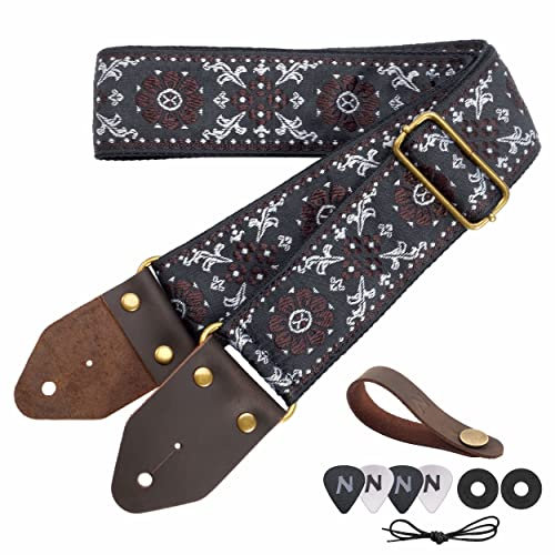 Nefelibata Gitarrengurt, 2 Jacquard-Stickerei Baumwolle Gitarrengurte mit Crazy Horse Leder Enden für Bass, elektrische & akustische, Geschenke für Kinder, Gitarristen